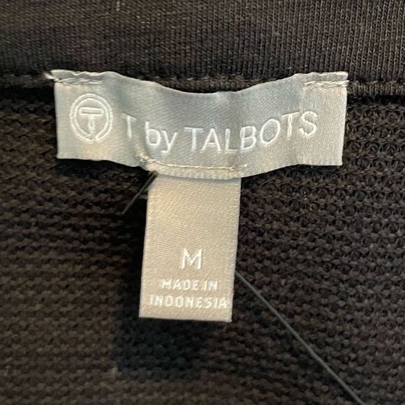 Talbots Black Waffle Knit Tunic Top Striped Button Cuffs Kanga Pocket M - Picture 5 of 8